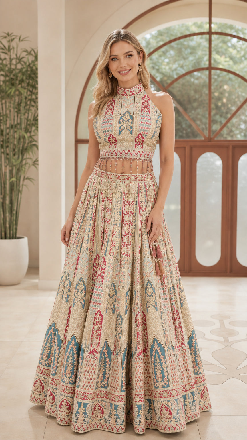 Model wearing Ivory multi-color embroidered halter top and maxi skirt set