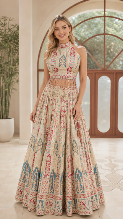 Model wearing Ivory multi-color embroidered halter top and maxi skirt set
