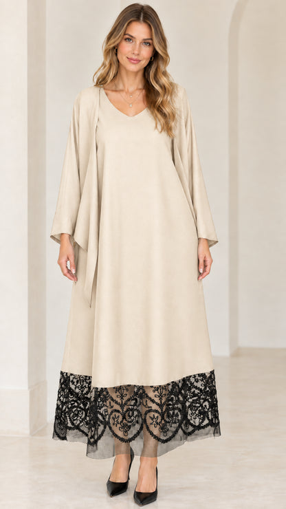 Beige cream maxi dress set with contrasting black lace hem