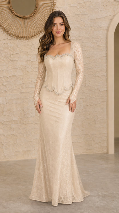 Champagne cream lace long sleeve formal dress with beaded corset