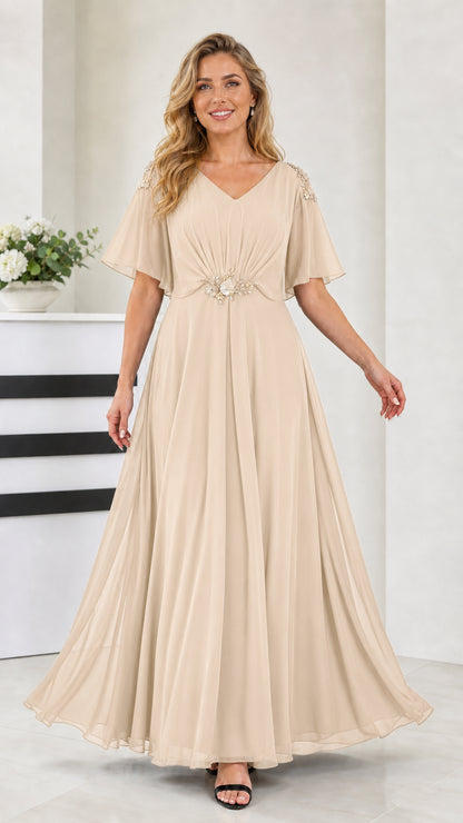 Front view of champagne cream flutter sleeve chiffon formal maxi dress
