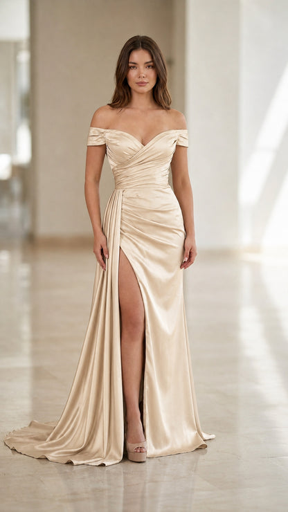 Front view of champagne gold off-the-shoulder satin formal dress