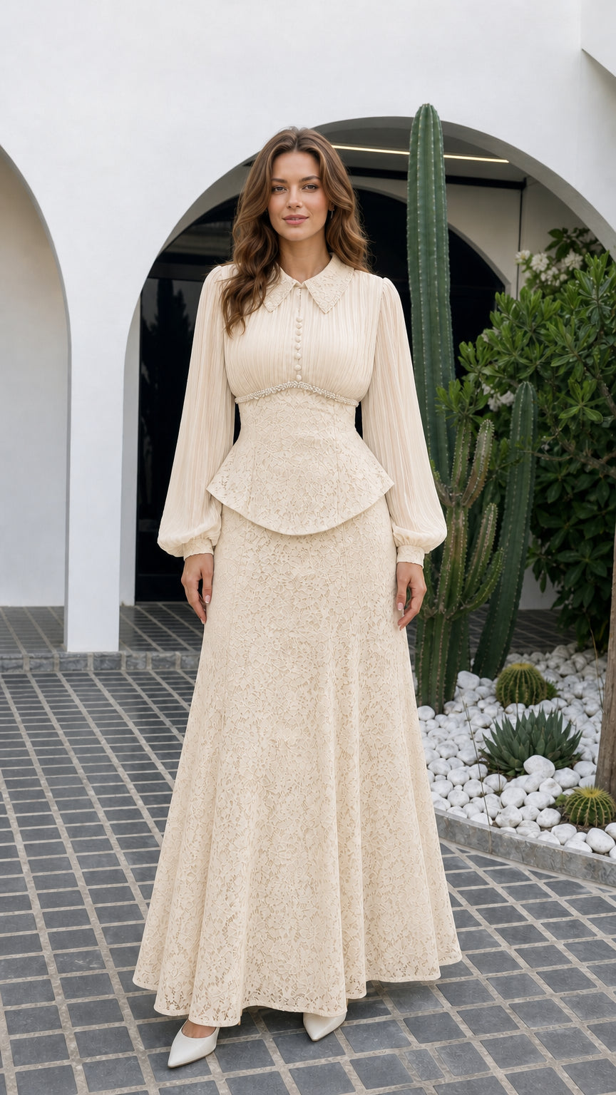 Front view of champagne beige lace collared peplum maxi dress