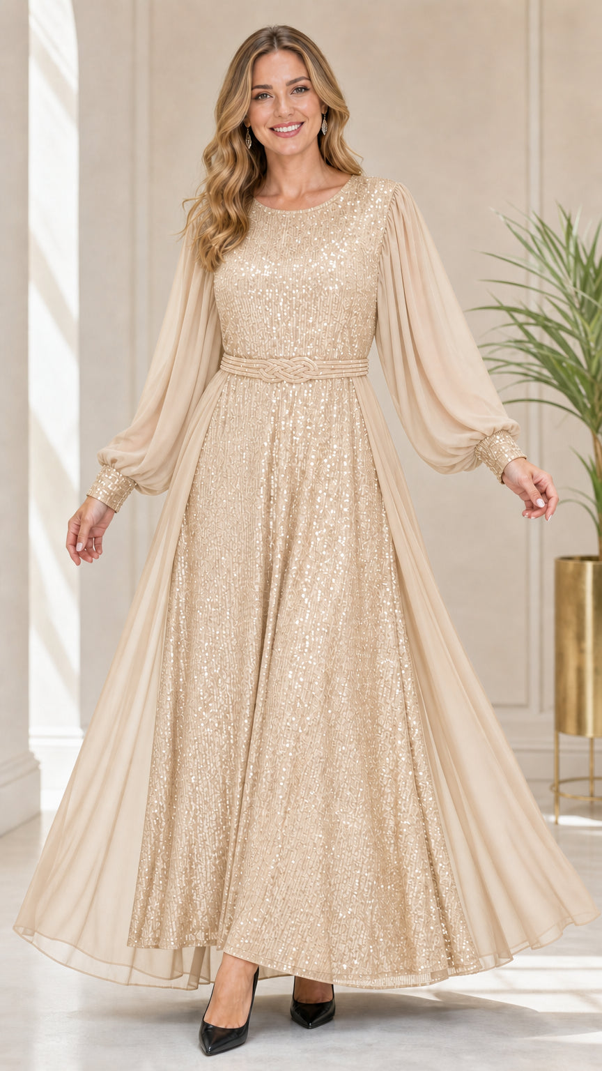 Full-length view of champagne gold sequin long sleeve formal dress