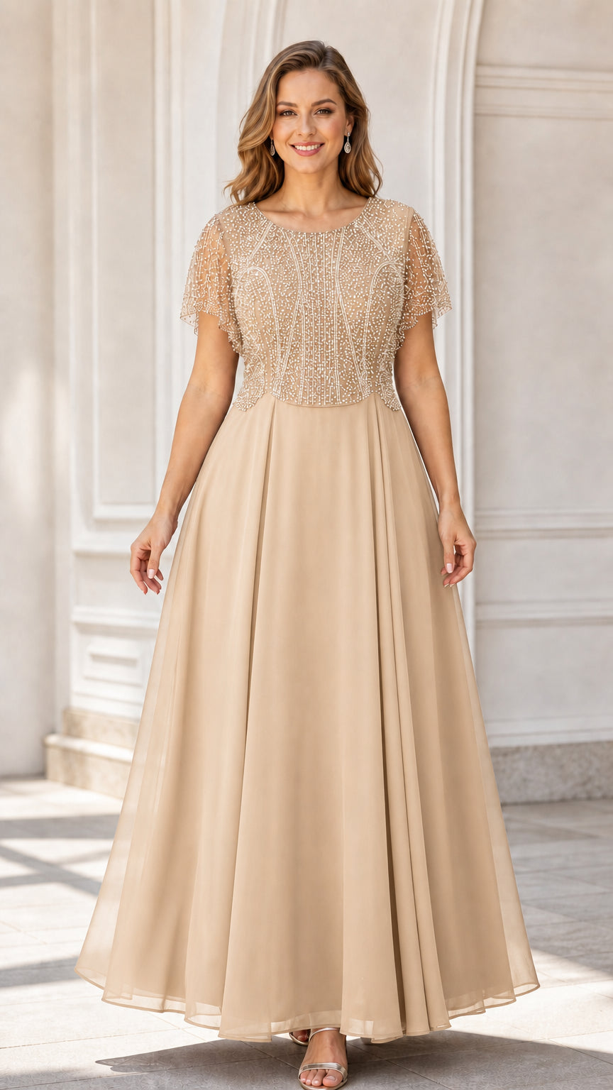 Front view of model wearing champagne gold beaded A-line chiffon evening dress