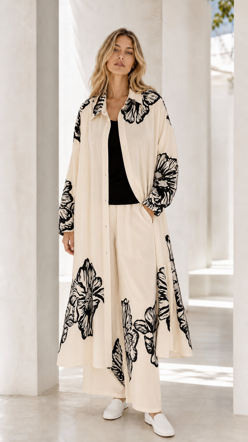 Full front view of cream beige floral longline shirt and pant matching set