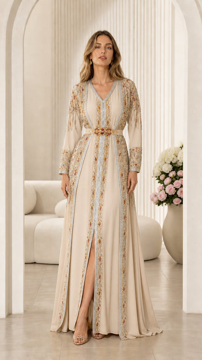 Champagne beige embellished long sleeve Moroccan kaftan maxi gown