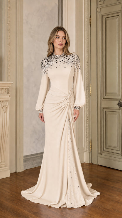Champagne ivory embellished formal maxi dress with ruched knot waist