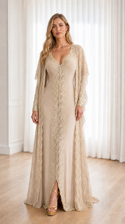 Champagne beige sequin embroidered formal gown with matching lace jacket