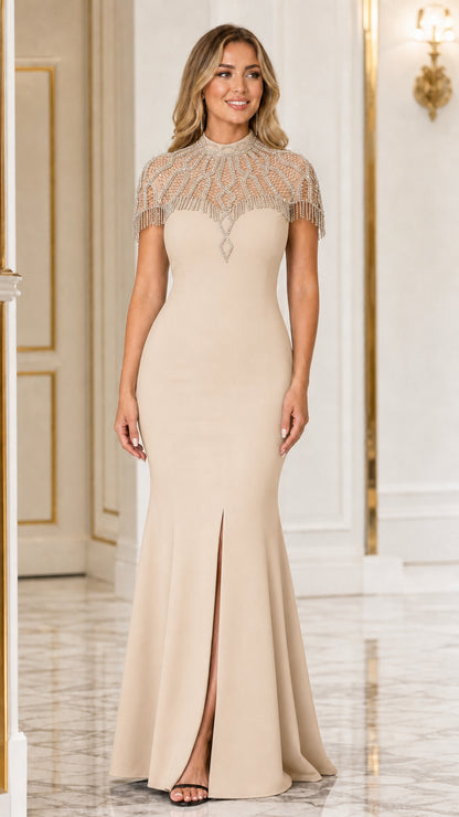 Champagne beige beaded capelet high neck formal gown