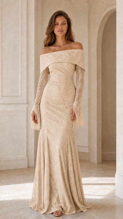 Front view of model wearing Champagne off-the-shoulder lace evening gown