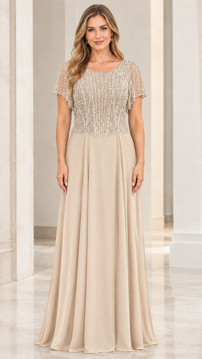 Front view of champagne beige sequined bodice maxi evening dress