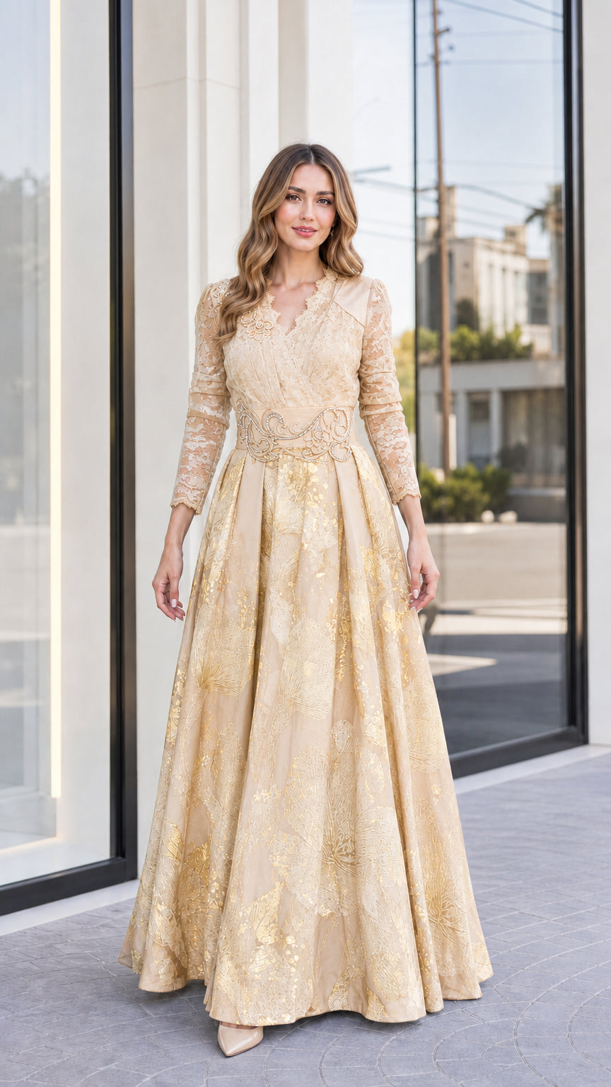 Champagne gold metallic jacquard lace bodice formal maxi dress