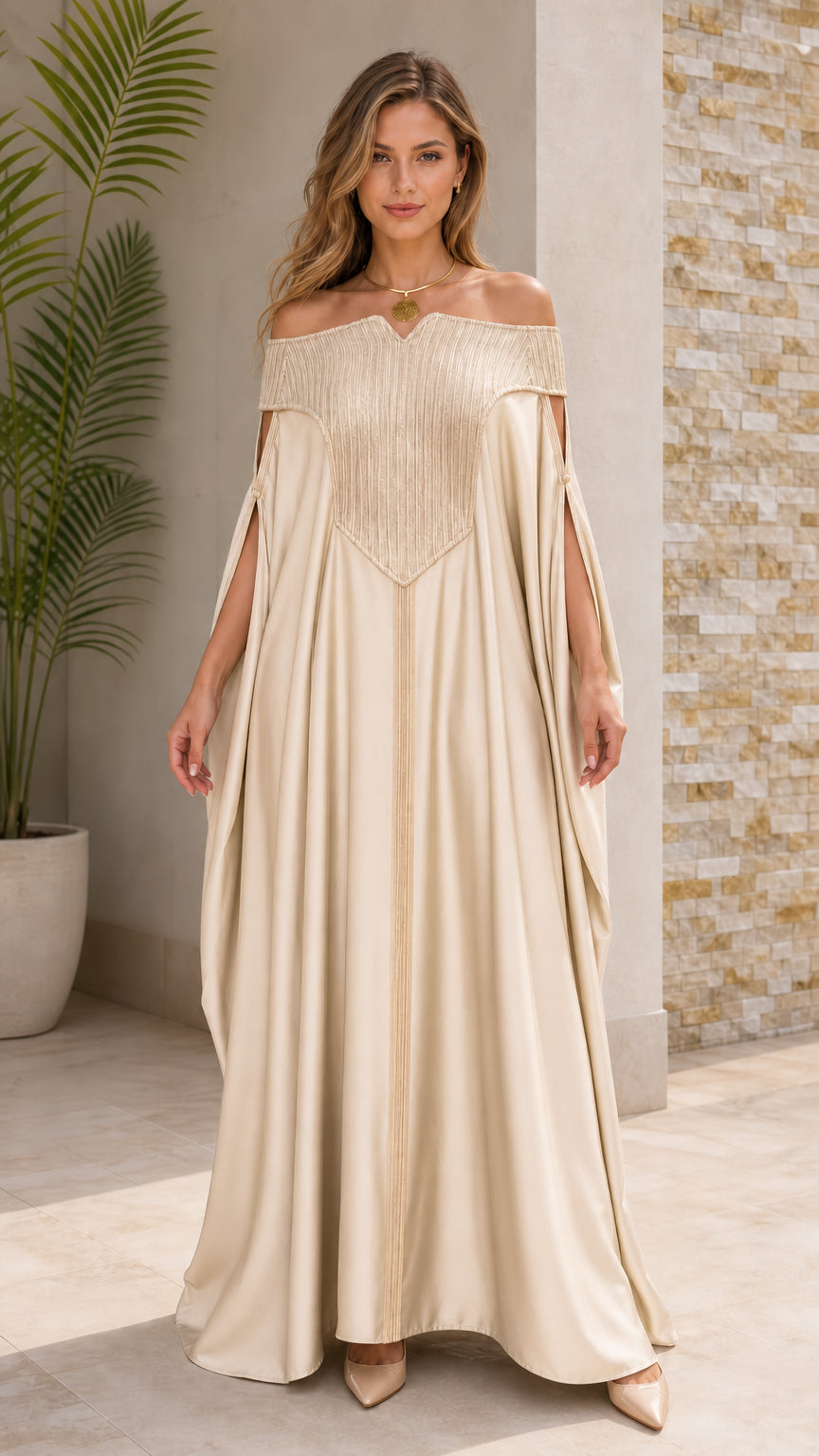 Champagne cream off-the-shoulder evening kaftan maxi dress