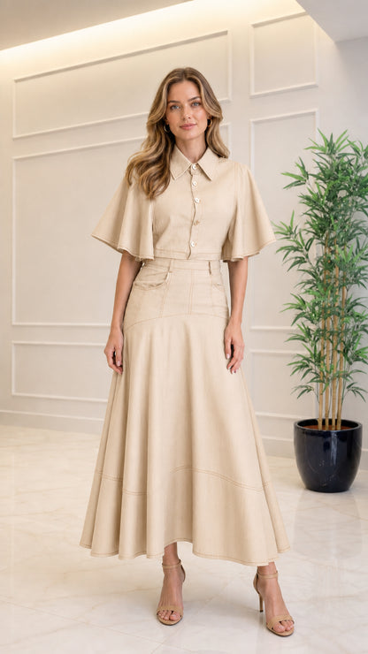 Full-length view of beige neutral collared flutter sleeve A-line maxi dress