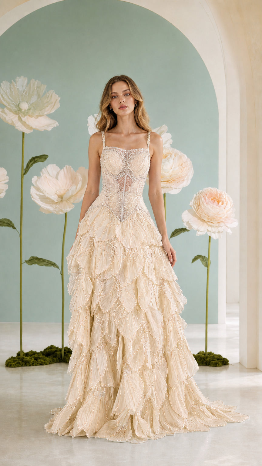Champagne gold embellished corset evening gown with tiered ruffle skirt