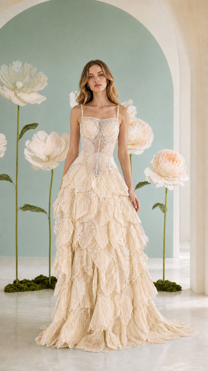 Champagne gold embellished corset evening gown with tiered ruffle skirt