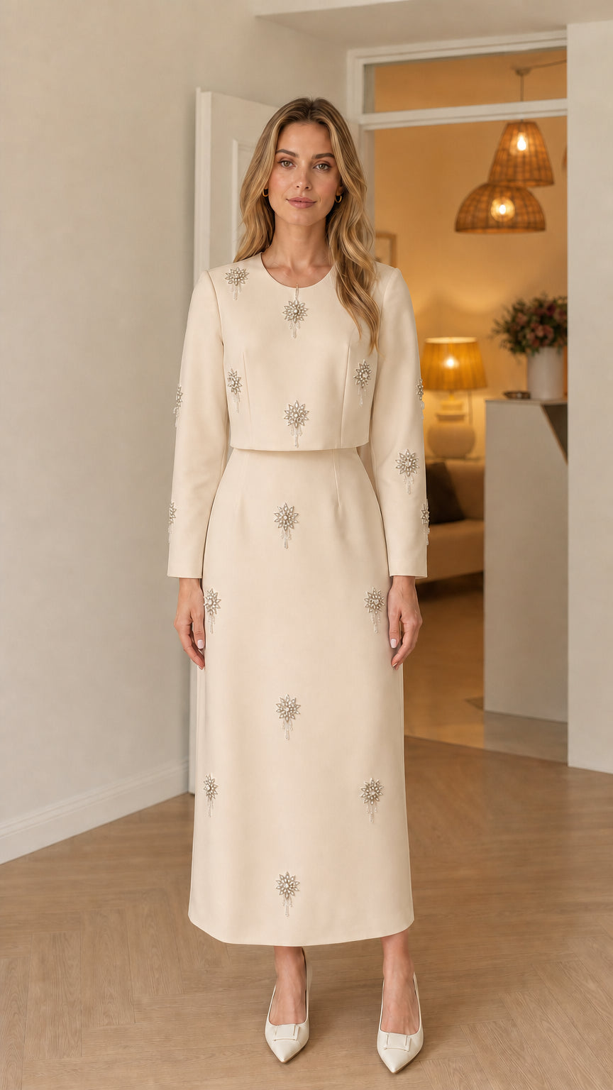 Front view of woman wearing champagne beige long sleeve embellished maxi dress