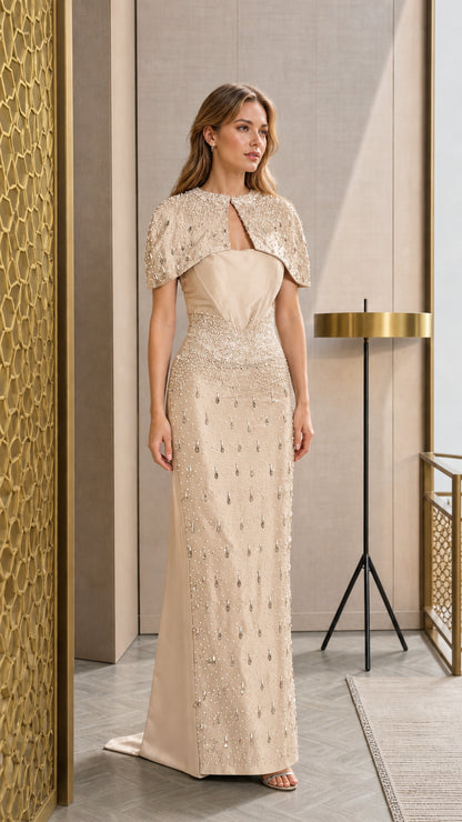 Champagne Gold formal evening gown with crystal-beaded cape overlay