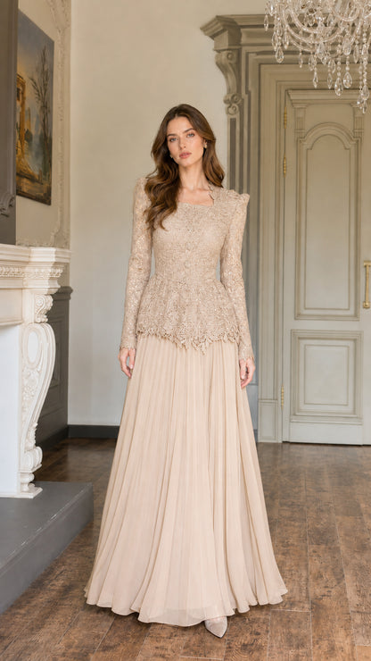 Full-length view of Champagne beige long sleeve lace peplum pleated maxi dress