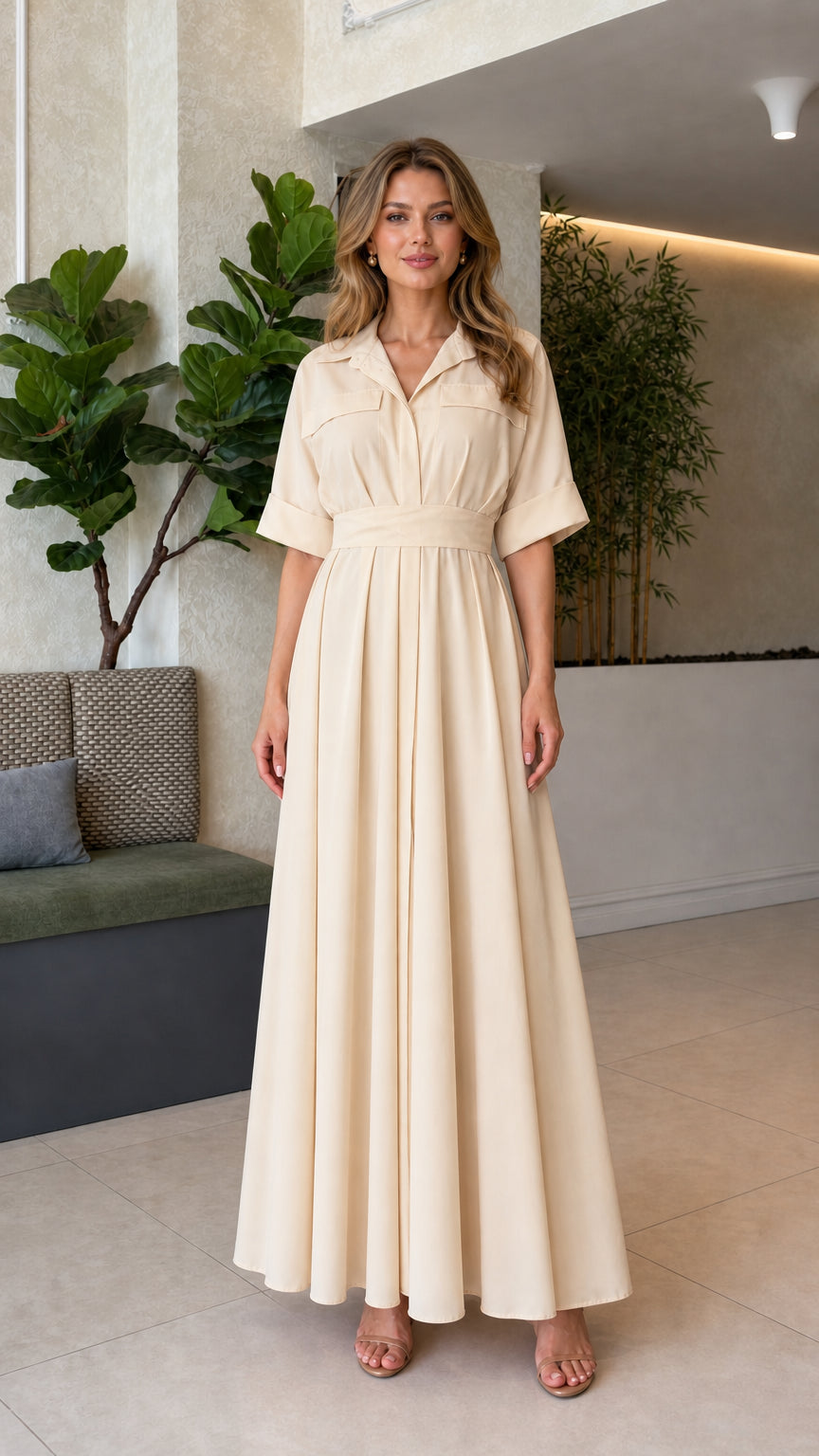 Front full view of woman wearing cream beige pleated collared maxi dress