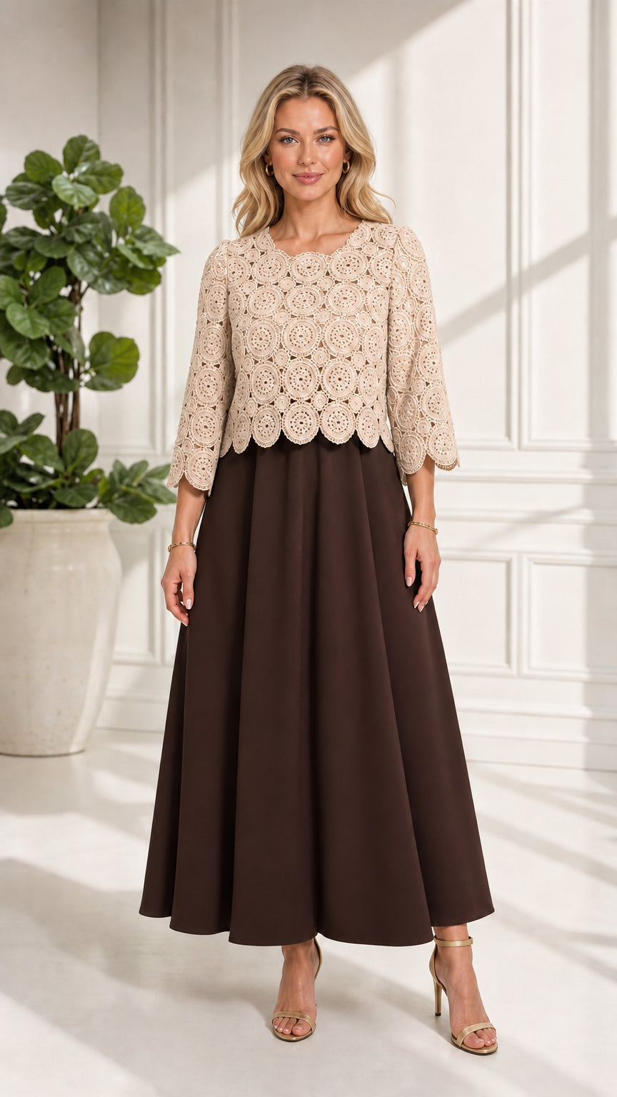 Full front view of two-tone beige crochet lace and brown skirt maxi dress