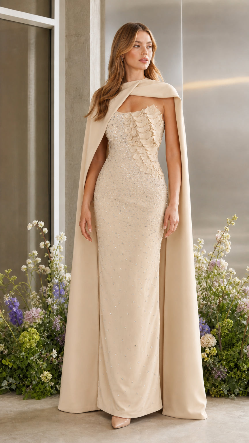 Champagne beige floor-length evening dress with draped cape overlay
