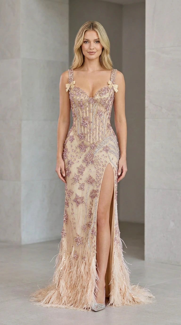 Front view of model in champagne gold sequin corset gown with feather hem