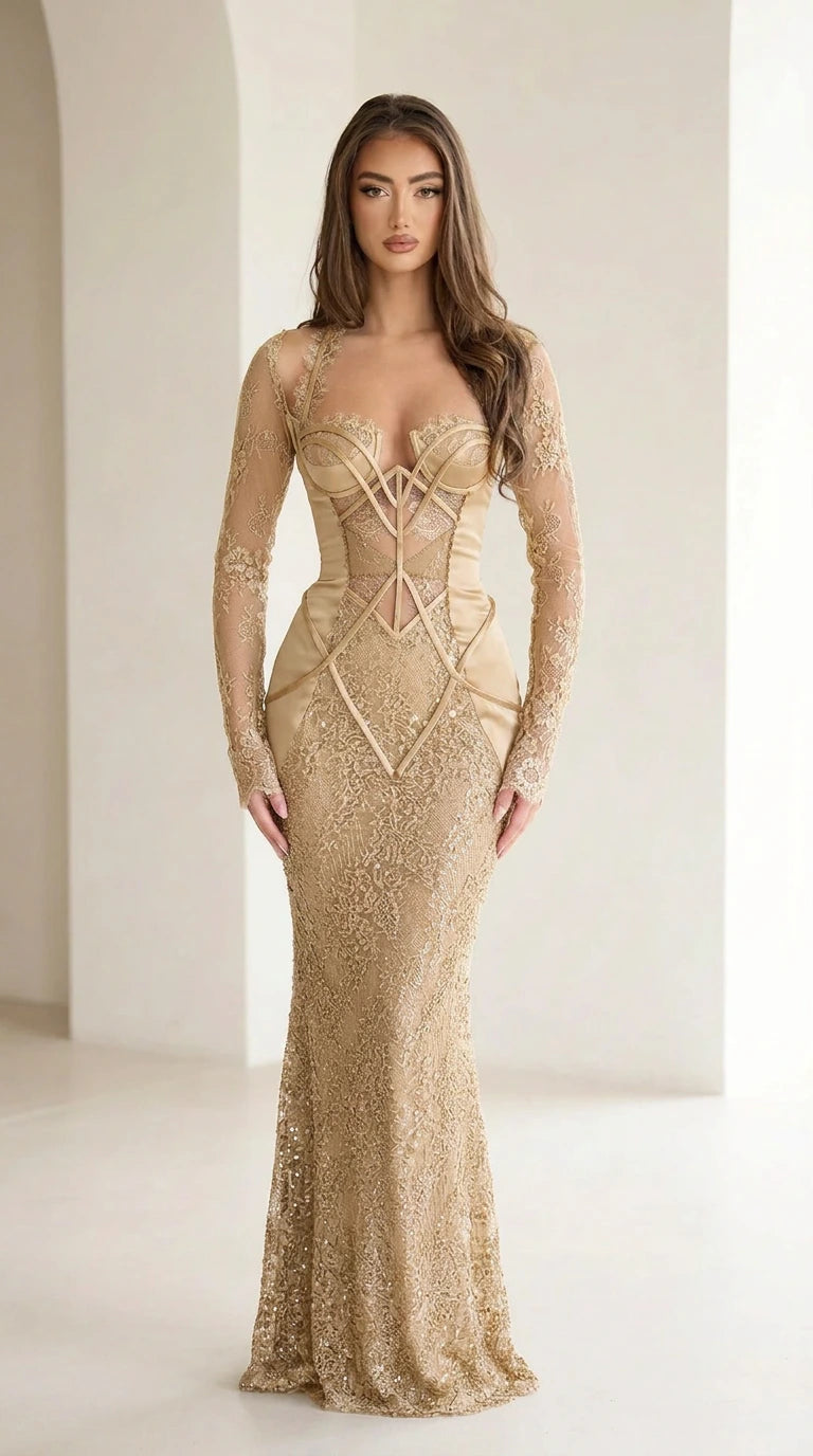 Champagne Gold long sleeve lace and sequin evening gown
