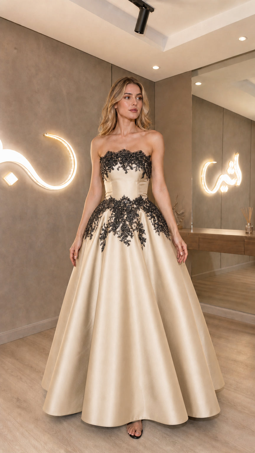 Champagne strapless satin evening dress with contrasting black lace