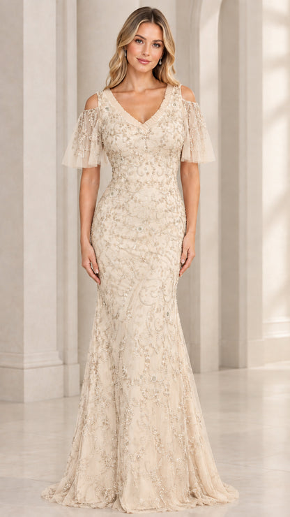 Champagne cream beaded cold-shoulder evening dress