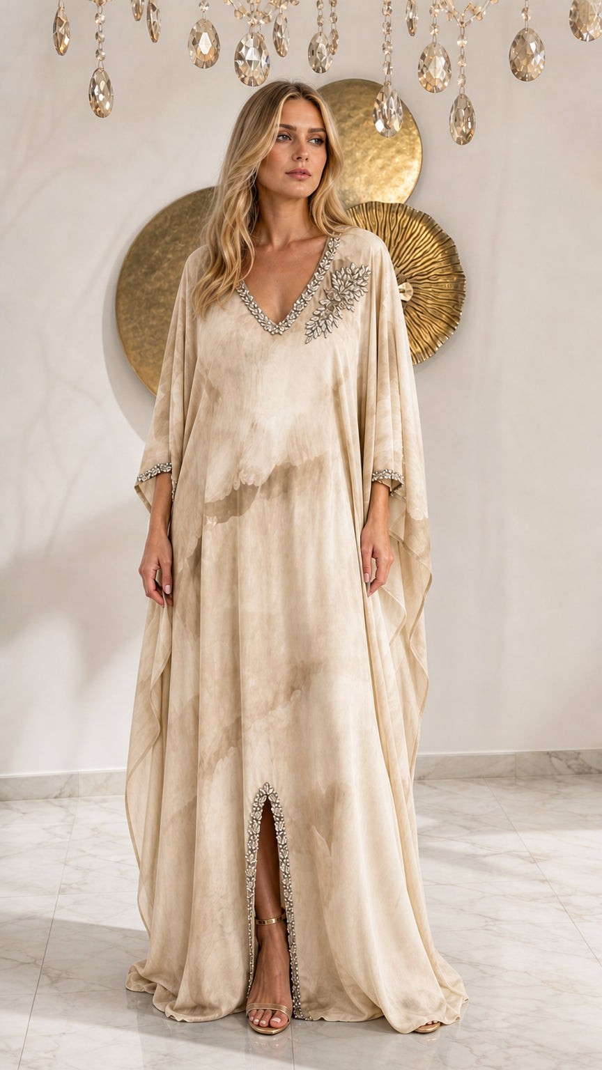 Champagne beige tie-dye embellished kaftan maxi dress