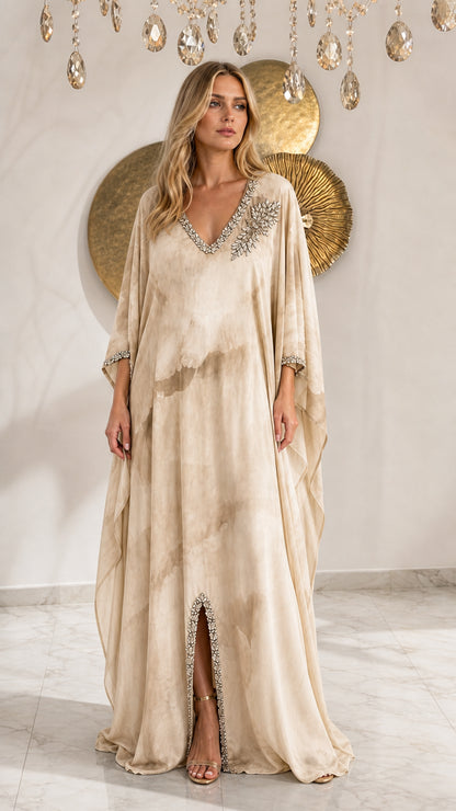 Champagne beige tie-dye embellished kaftan maxi dress