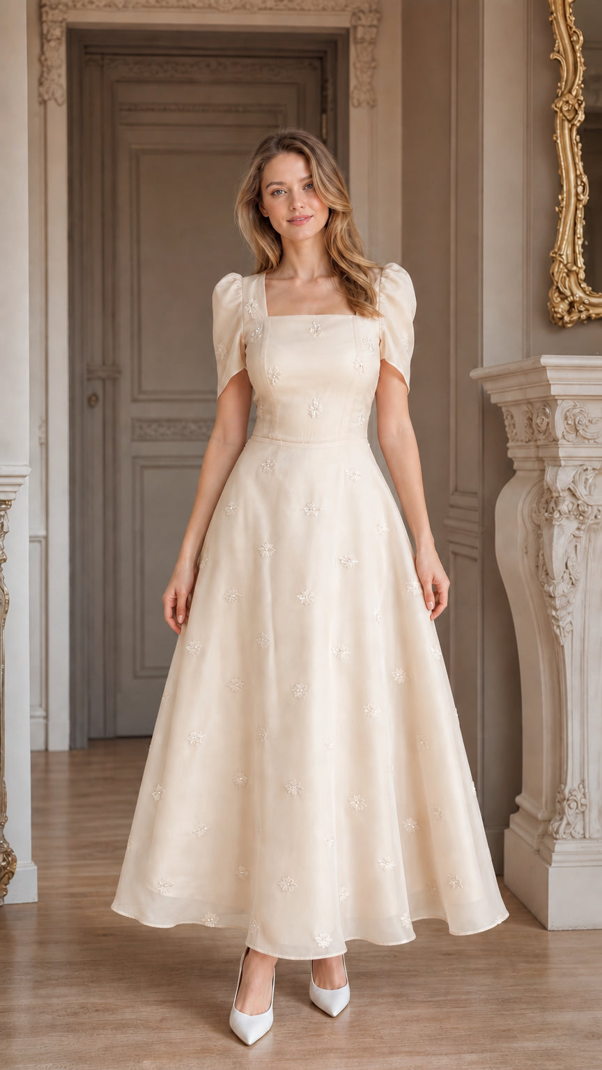 Front view of champagne cream embroidered puff sleeve midi dress