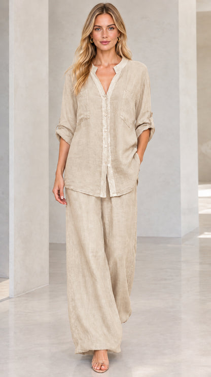 Full-length front view of beige natural linen-look two-piece matching set