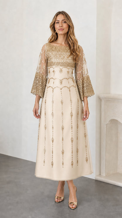 Front view of champagne cream embroidered bell sleeve evening gown