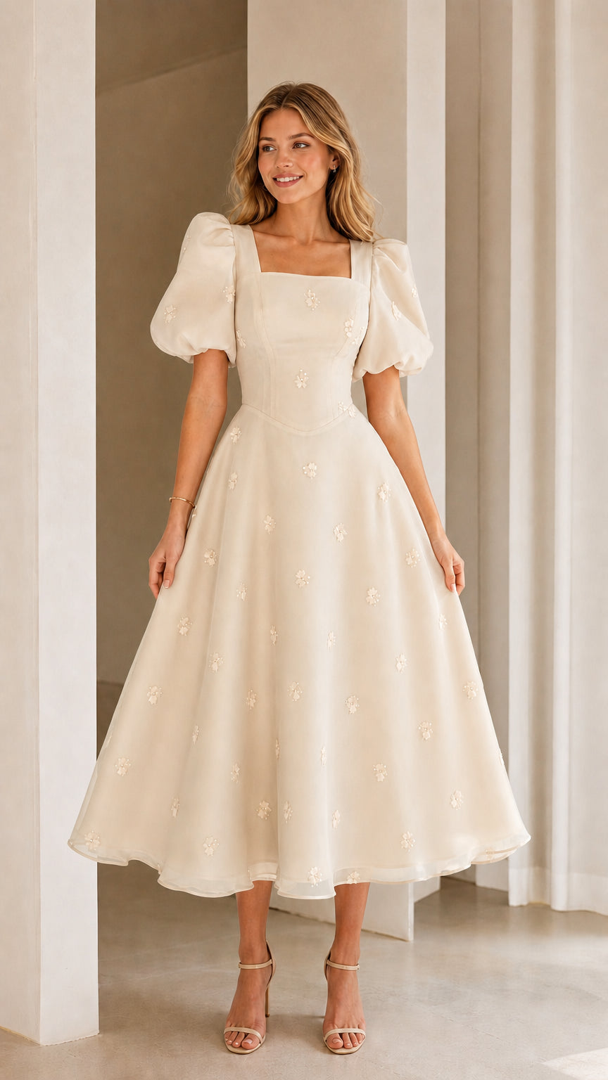 Cream off-white square neck puff sleeve embroidered A-line midi dress