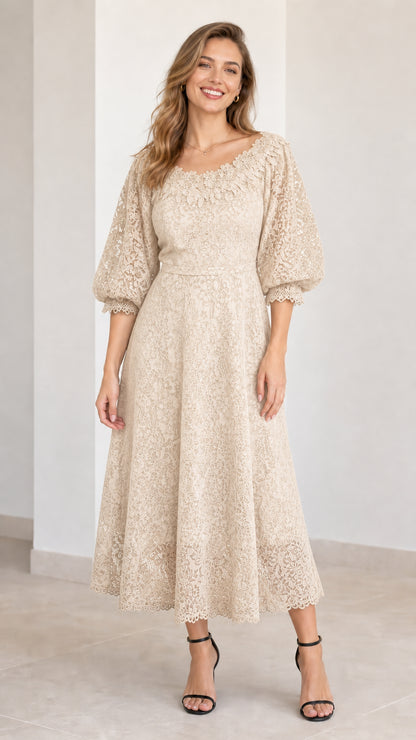 Champagne beige floral lace puff sleeve midi dress front view