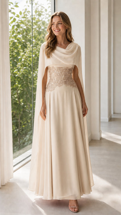 Front view of champagne cream chiffon cape evening gown with embroidered waist detail