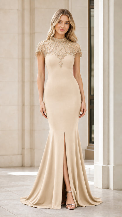 Champagne Nude Beaded Cap Sleeve Mermaid Evening Dress