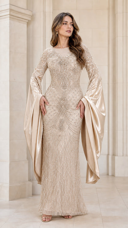 Champagne beige sequin formal gown with elegant satin cape sleeves