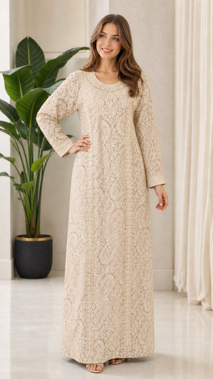 Model wearing cream beige embroidered long sleeve kaftan maxi dress