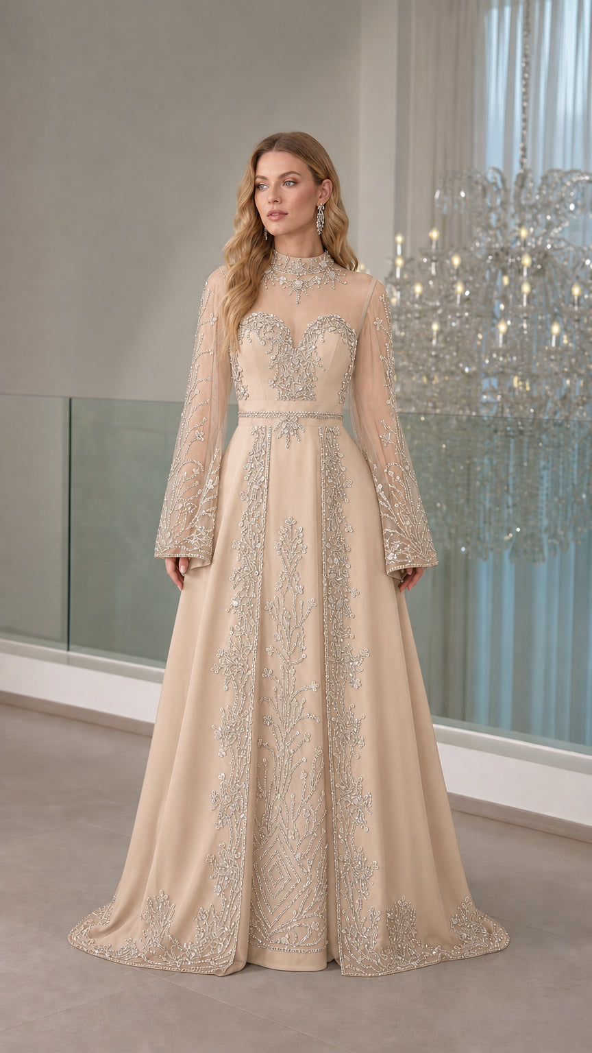 Champagne beige crystal-embellished long formal gown front view