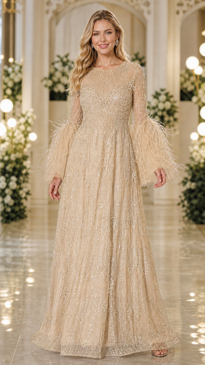 Champagne gold floor-length beaded evening gown with feathered sleeve cuffs