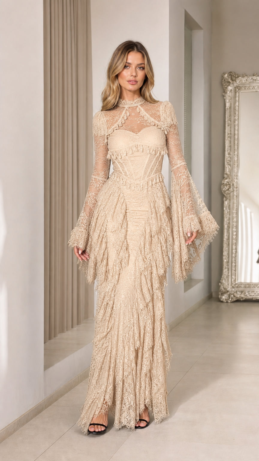 Full-length view of champagne beige lace corset maxi dress with bell sleeves