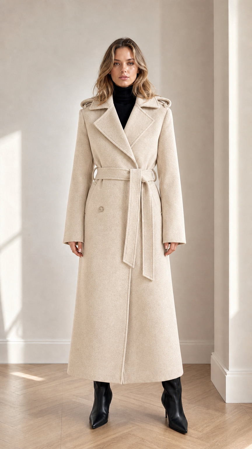 Front full-length view of woman wearing cream beige maxi belted trench coat