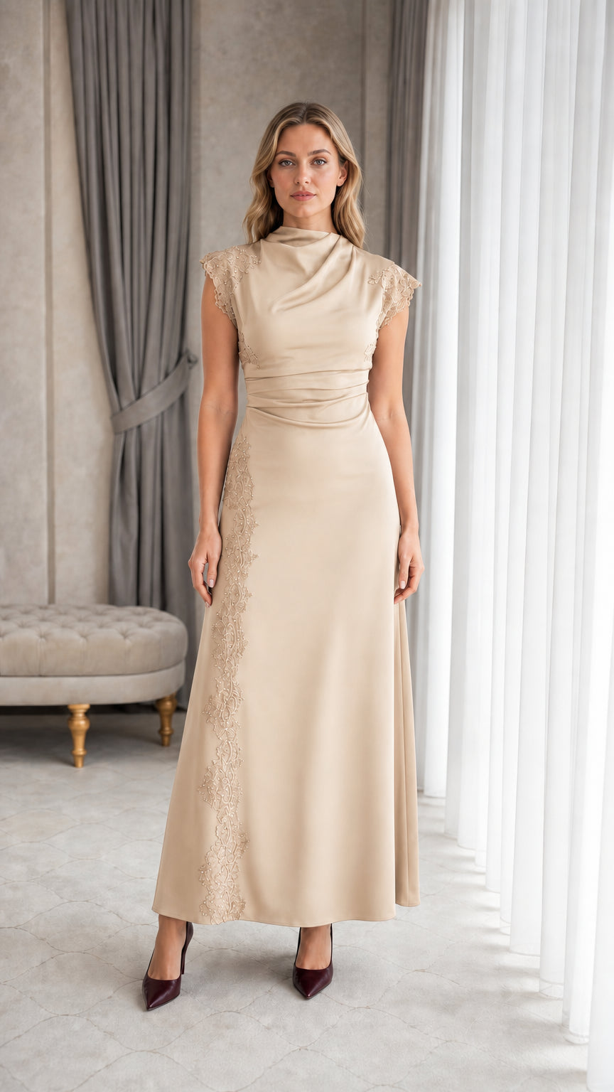 Full-length view of woman wearing champagne beige formal maxi gown