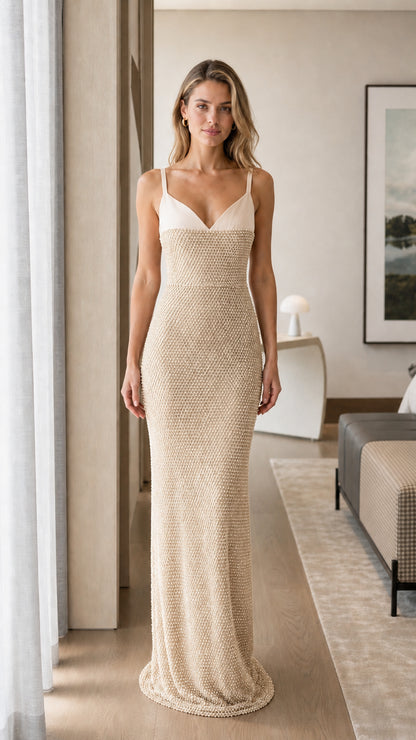 Front view of champagne cream sweetheart textured maxi evening dress