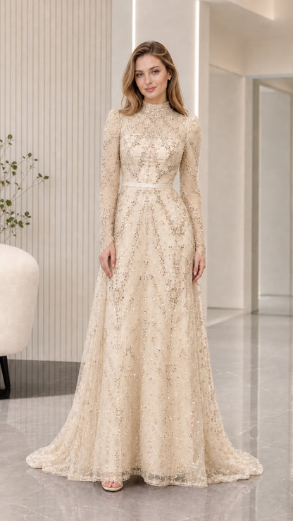Champagne gold sequin embellished long sleeve evening gown front view