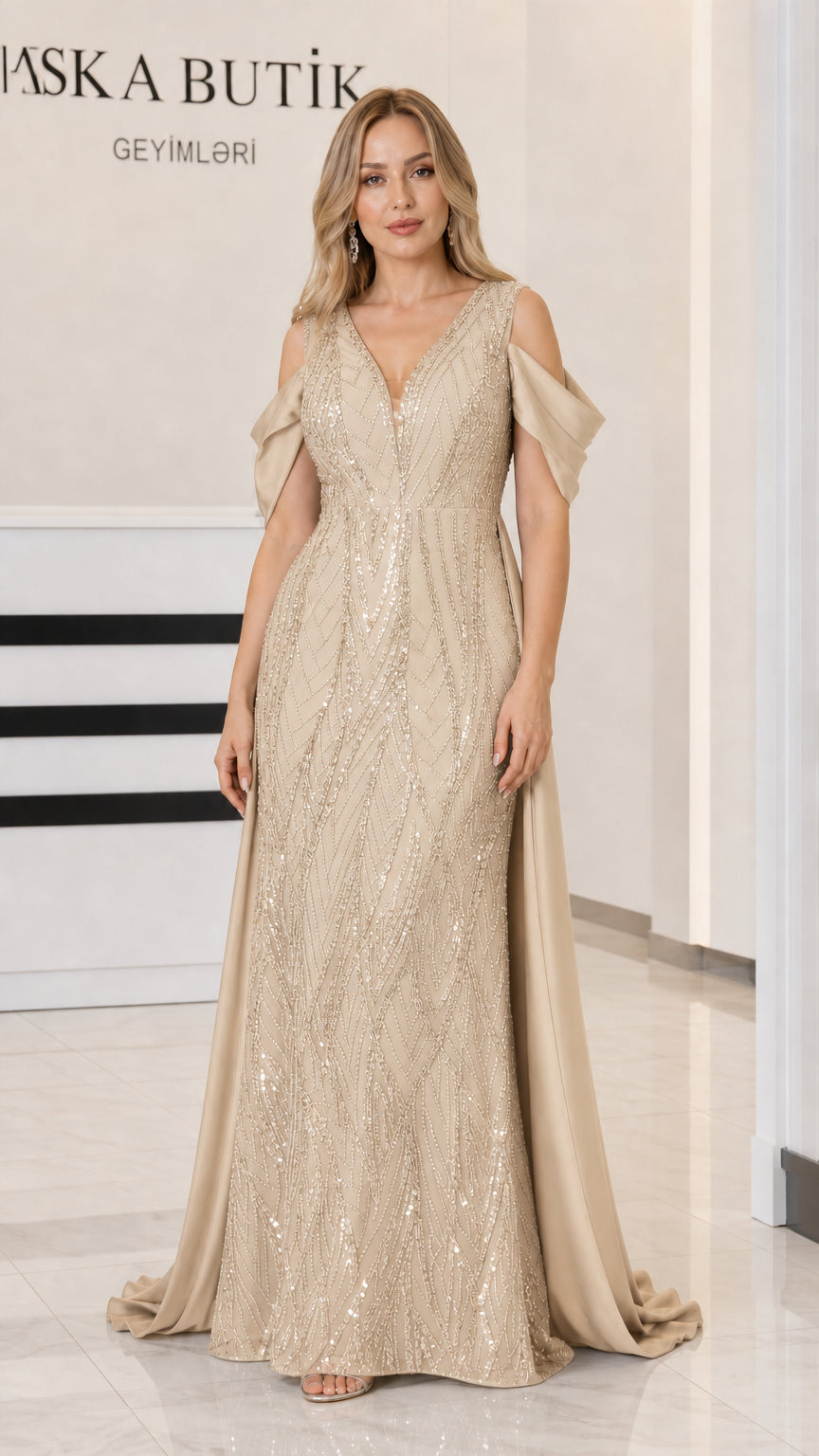 Front view of Champagne Gold sequin V-neck evening gown with train